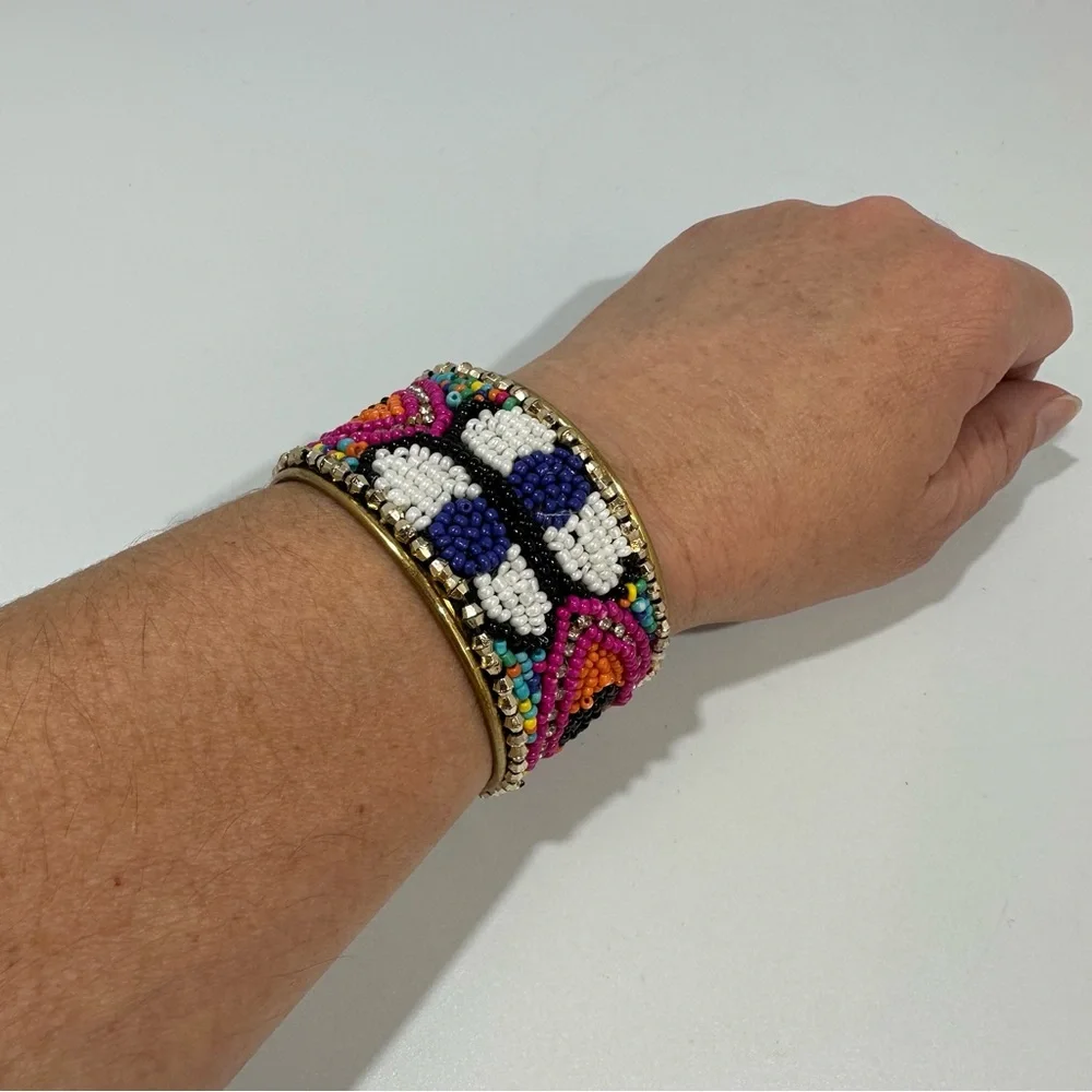 Evil Eye Multicolor Colorful Beaded Wide Band Cuff Bracelet India